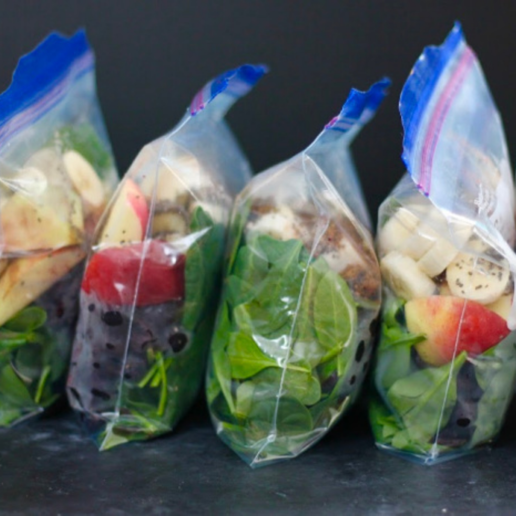 smoothie prep in a bag next to each other