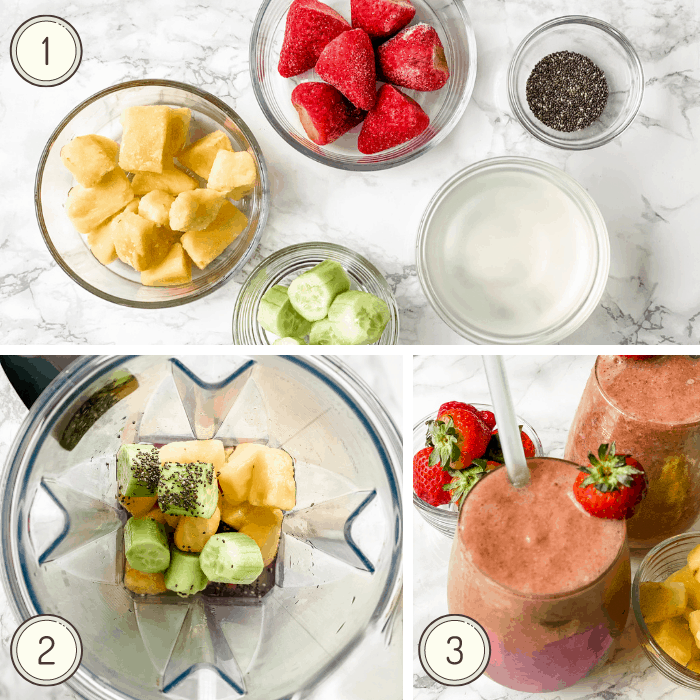 step by step photos for making a strawberry pineapple smoothie