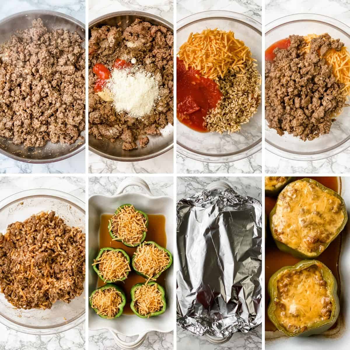 step by step collage showing how to make cheeseburger stuffed peppers.