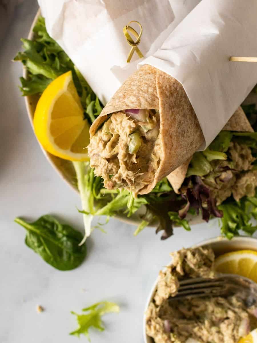 tuna salad in a tortilla wrap.