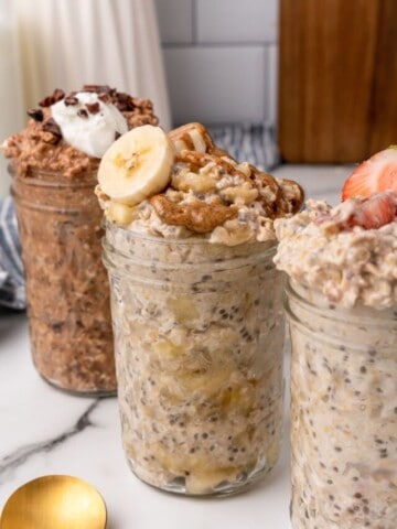 close up of overnight oats in mason jars