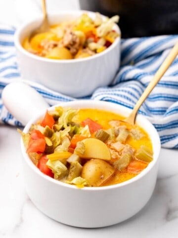 two bowls of cheeseburger soup in front of a soup pot.