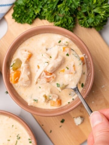 overhead picture of buffalo chicken soup in a bowl.