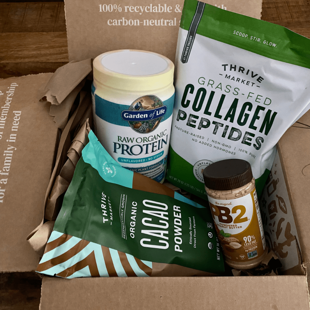 collagen and protein powder in a thrive market box.